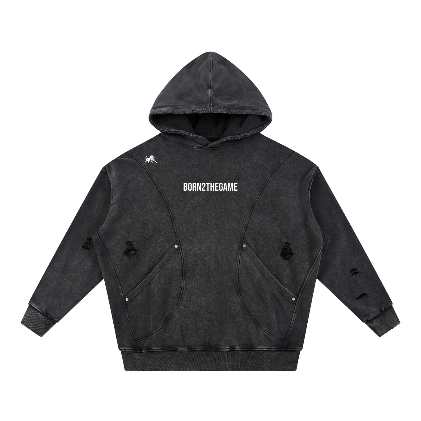 Snow Washed Distressed Panel Pocket Hoodie