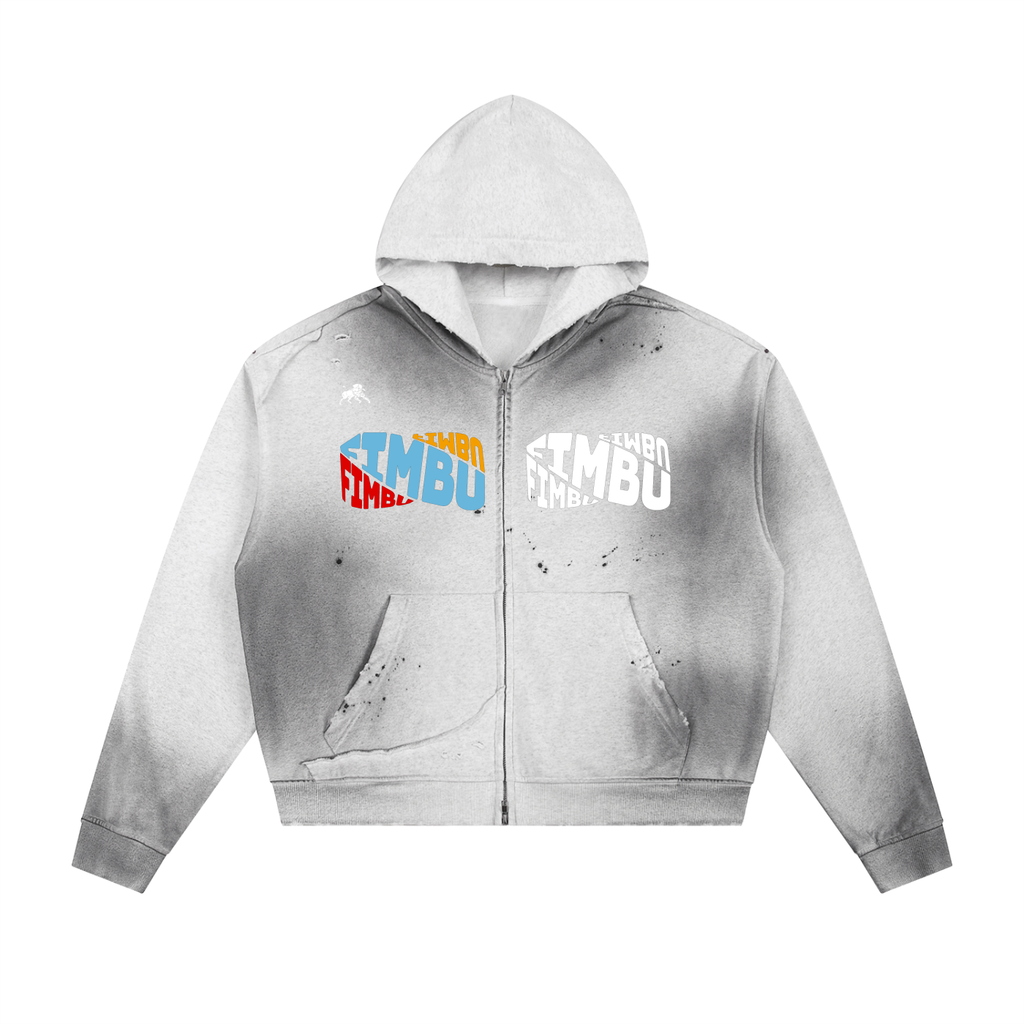 Sun Fade Frayed Raw Edge Fleece Zip Hoodie