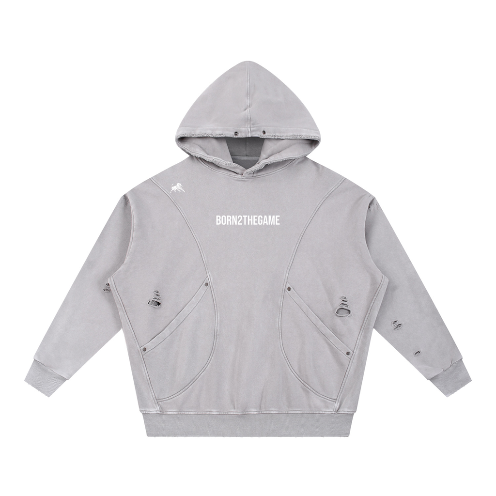 Snow Washed Distressed Panel Pocket Hoodie